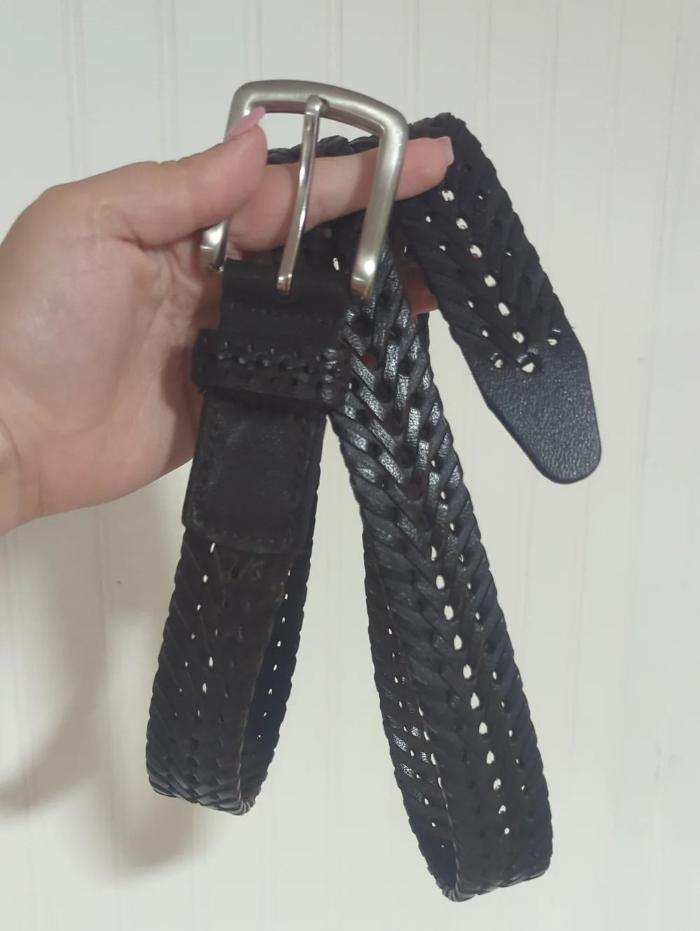 Men's Black Braided Leather Belt with Silver Buckle India 50